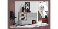 Buffet, bahut, enfilade KLIS trois portes et trois niches. Coloris gris perle et chêne. Style design.