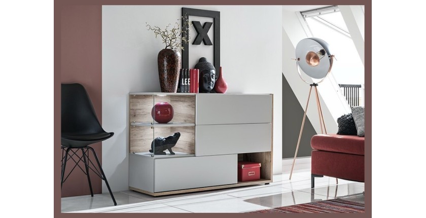 Buffet, bahut, enfilade KLIS trois portes et trois niches. Coloris gris perle et chêne. Style design.