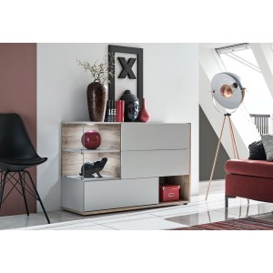 Buffet, bahut, enfilade KLIS trois portes et trois niches. Coloris gris perle et chêne. Style design.