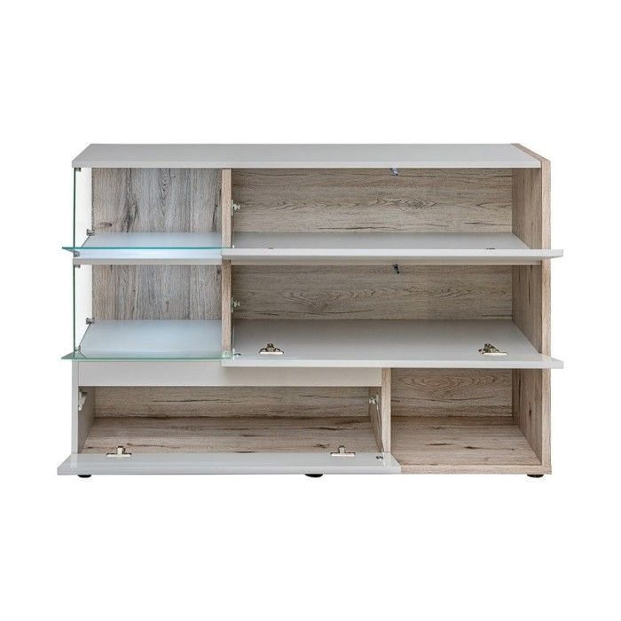 Buffet, bahut, enfilade KLIS trois portes et trois niches. Coloris gris perle et chêne. Style design.
