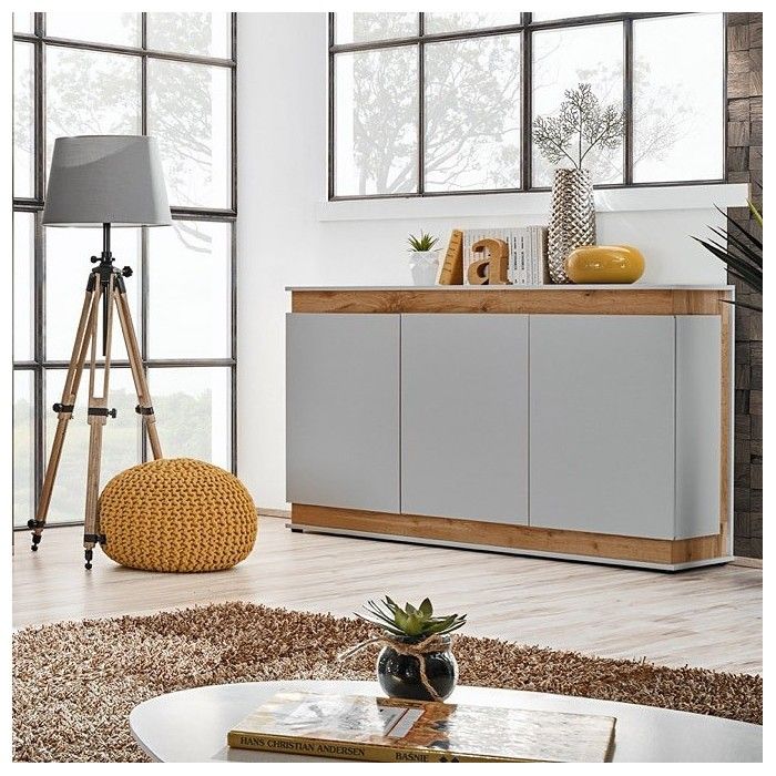 Buffet, bahut, enfilade MUNICH trois portes. Coloris gris perle et chêne. Style design.
