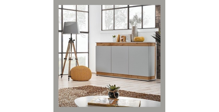 Buffet, bahut, enfilade MUNICH trois portes. Coloris gris perle et chêne. Style design.