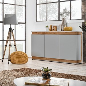 Buffet, bahut, enfilade MUNICH trois portes. Coloris gris perle et chêne. Style design.