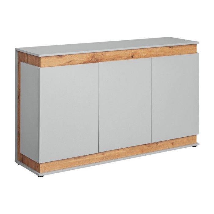 Buffet, bahut, enfilade MUNICH trois portes. Coloris gris perle et chêne. Style design.