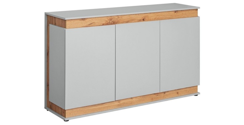 Buffet, bahut, enfilade MUNICH trois portes. Coloris gris perle et chêne. Style design.