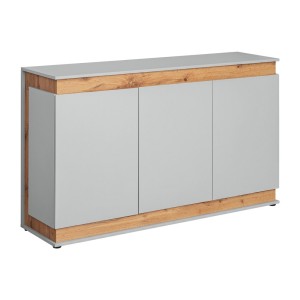 Buffet, bahut, enfilade MUNICH trois portes. Coloris gris perle et chêne. Style design.