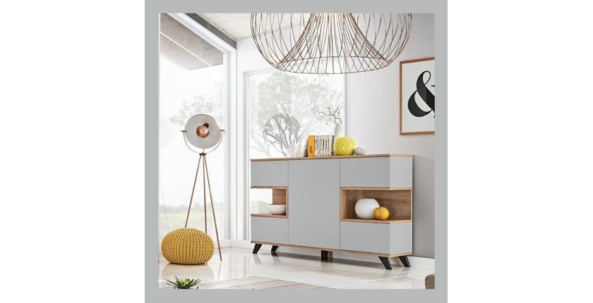 Buffet, bahut, enfilade CORDOBA cinq portes. Coloris gris et chêne. Style design.