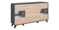 Buffet, bahut, enfilade OASIS 4 portes et  4 tiroirs. Coloris gris et chêne. Style design.