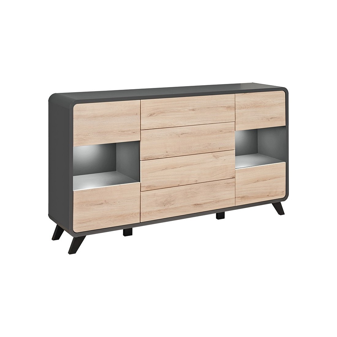 Buffet, bahut, enfilade OASIS 4 portes et  4 tiroirs. Coloris gris et chêne. Style design.