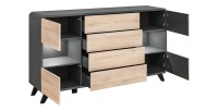 Buffet, bahut, enfilade OASIS 4 portes et  4 tiroirs. Coloris gris et chêne. Style design.