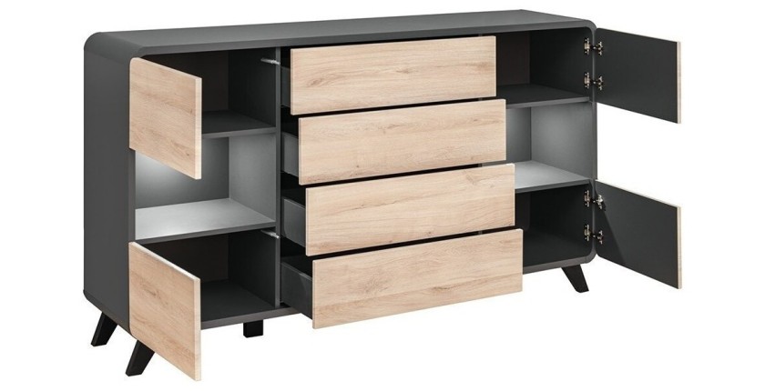 Buffet, bahut, enfilade OASIS 4 portes et  4 tiroirs. Coloris gris et chêne. Style design.