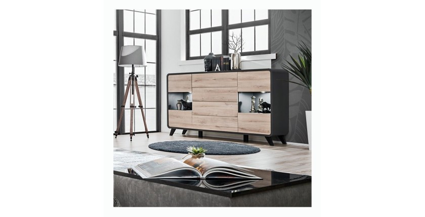 Buffet, bahut, enfilade OASIS 4 portes et  4 tiroirs. Coloris gris et chêne. Style design.