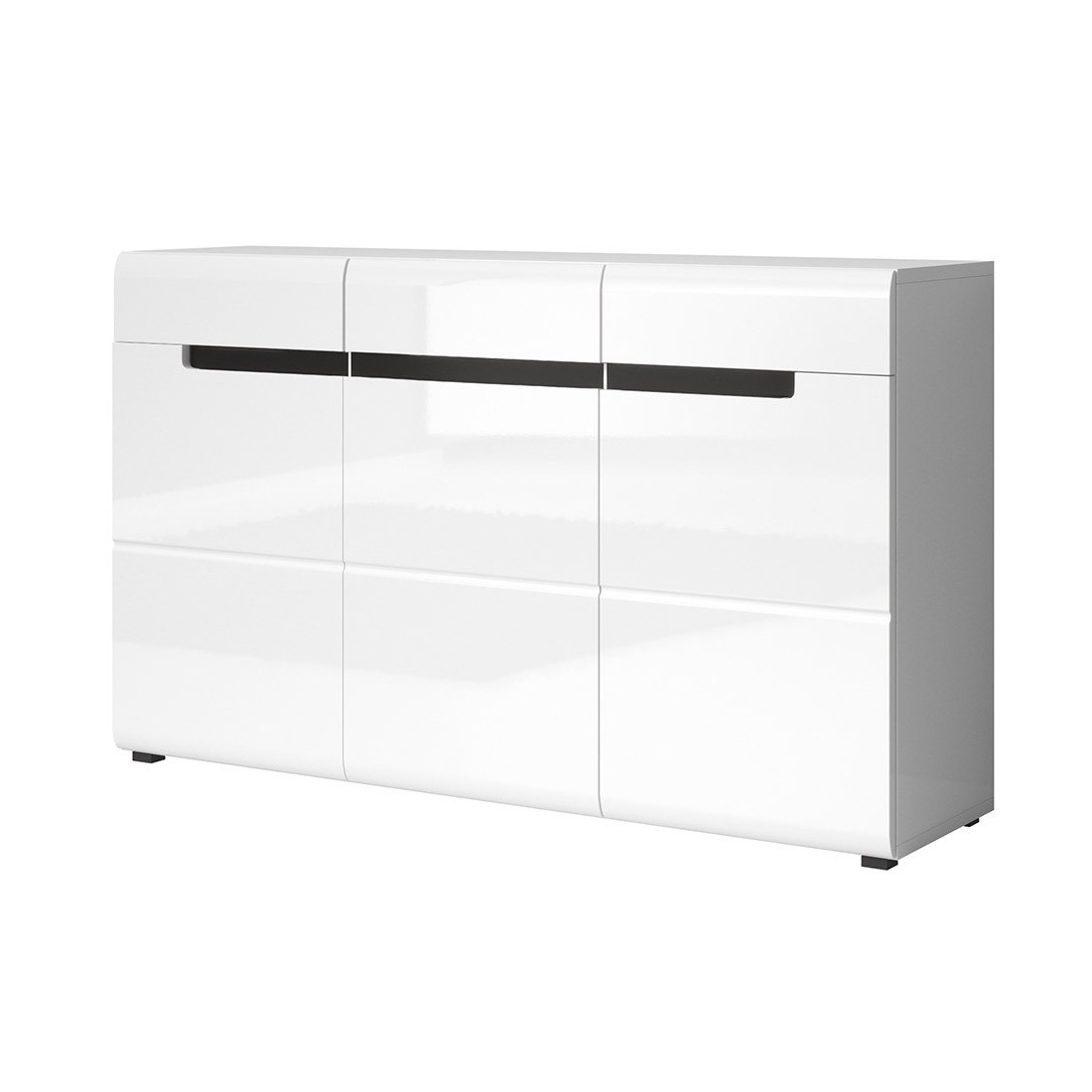 Buffet design LUCIA, 3 portes et 3 tiroirs. Coloris blanc brillant et noir