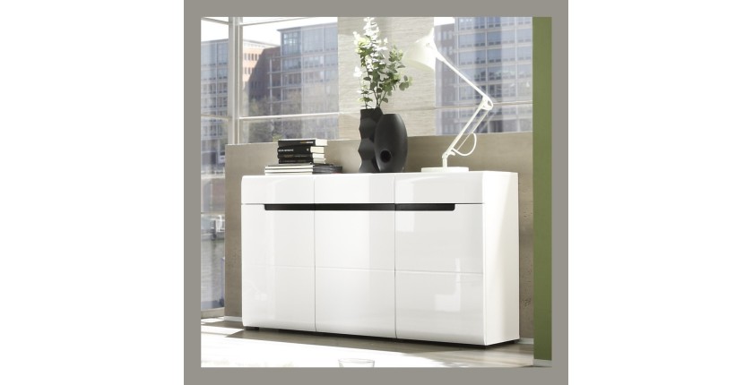 Buffet design LUCIA, 3 portes et 3 tiroirs. Coloris blanc brillant et noir