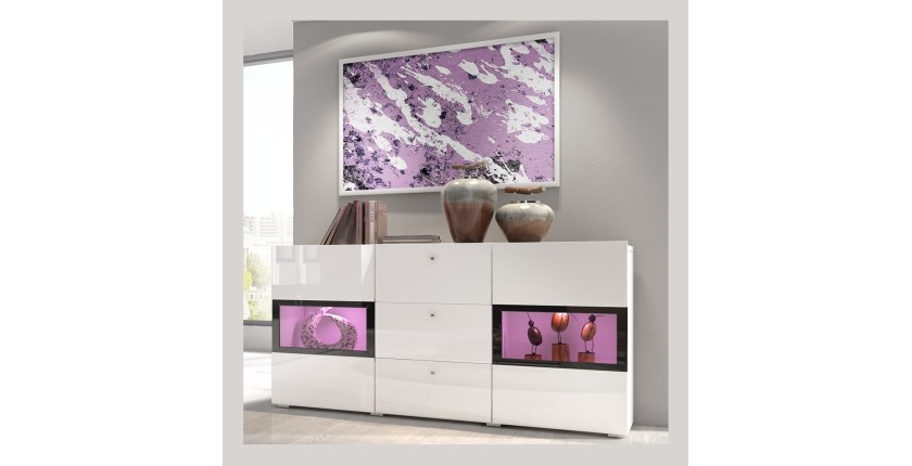 Buffet 2 portes et 3 tiroirs collection RAMOS. Éclairage LED intégré. Coloris blanc brillant et noir
