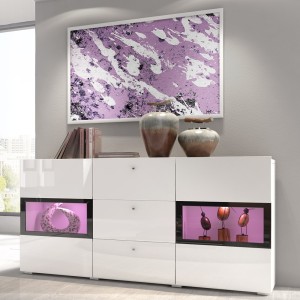 Buffet 2 portes et 3 tiroirs collection RAMOS. Éclairage LED intégré. Coloris blanc brillant et noir