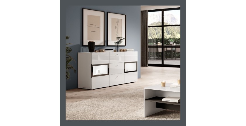 Buffet 2 portes et 3 tiroirs collection RAMOS. Éclairage LED intégré. Coloris blanc brillant et noir