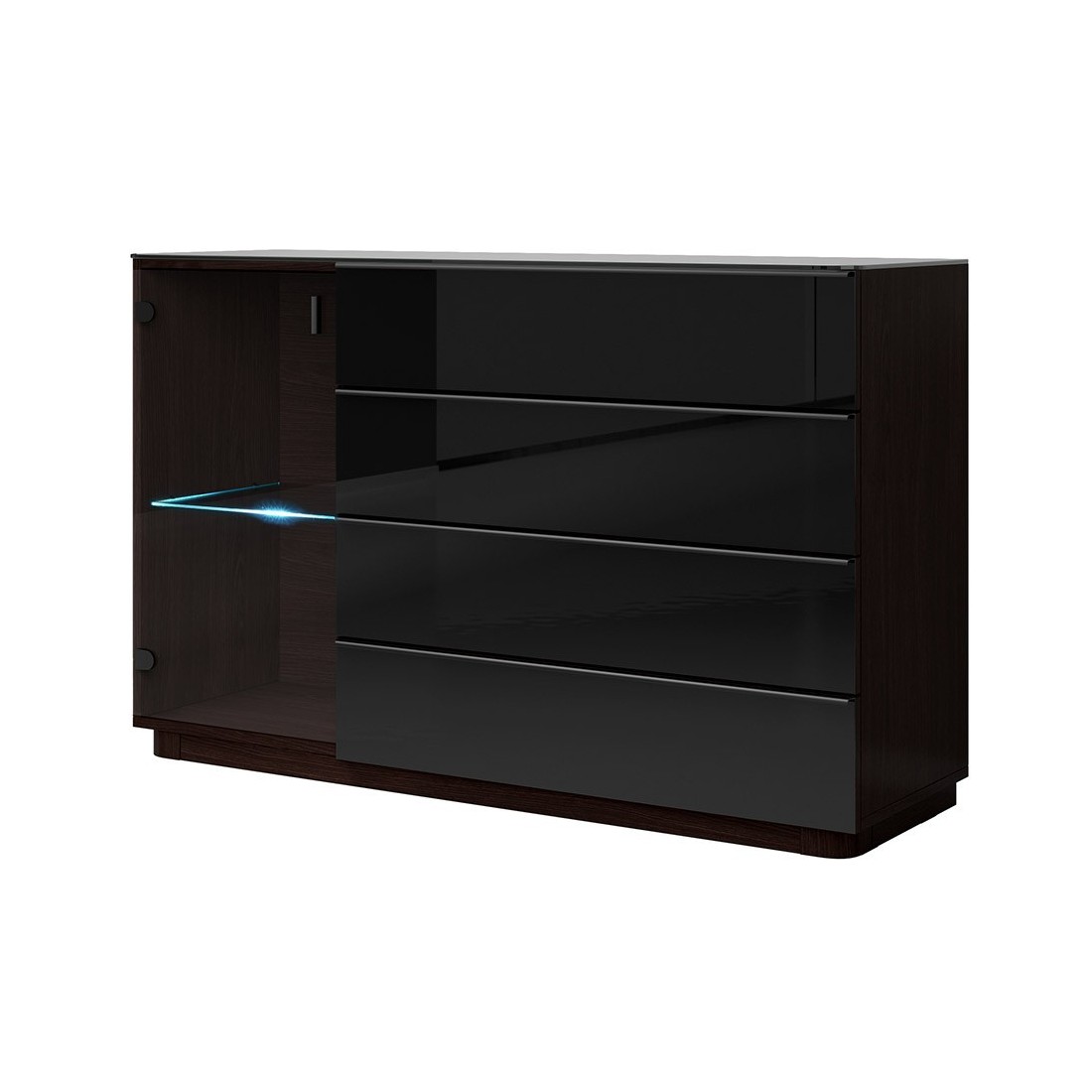 Buffet, bahut, enfilade TONGA 4 tiroirs, une porte. Look ultra design. Couleur Wengé. LEDS incluses