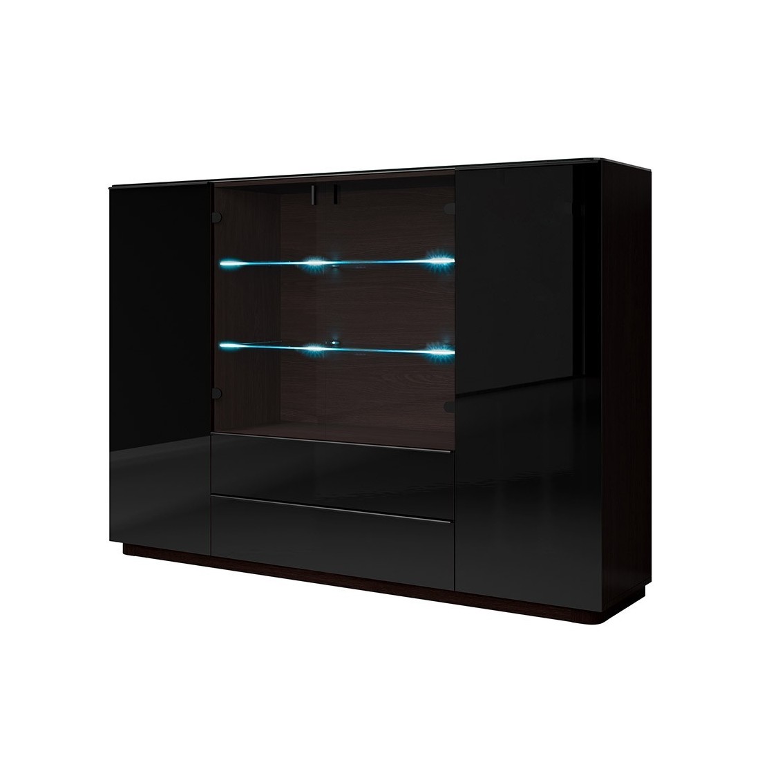 Buffet haut TONGA quatre portes et deux tiroirs. Couleur Wengé. LED incluses. Style design.