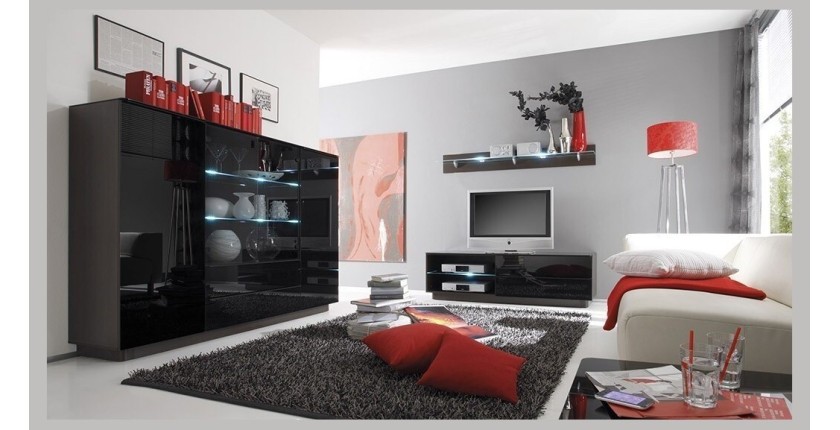 Buffet haut TONGA quatre portes et deux tiroirs. Couleur Wengé. LED incluses. Style design.