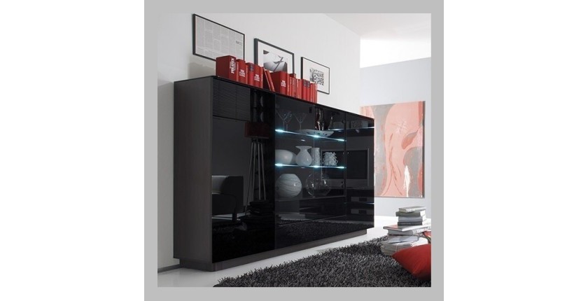 Buffet haut TONGA quatre portes et deux tiroirs. Couleur Wengé. LED incluses. Style design.