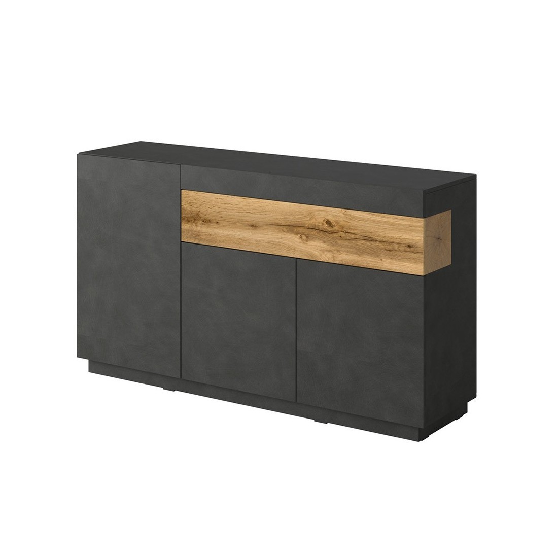 Buffet, bahut, enfilade KILES trois portes et un tiroir. Coloris gris anthracite et chêne. Style design