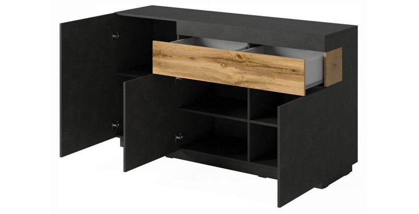 Buffet, bahut, enfilade KILES trois portes et un tiroir. Coloris gris anthracite et chêne. Style design