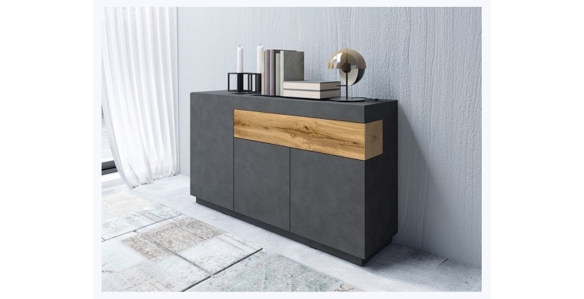 Buffet, bahut, enfilade KILES trois portes et un tiroir. Coloris gris anthracite et chêne. Style design