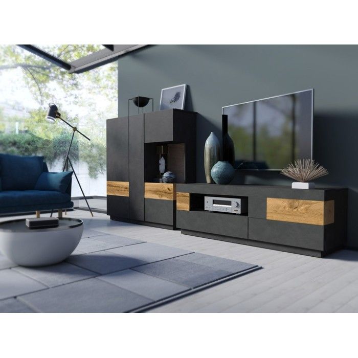 Buffet haut KILES trois portes avec LED. Coloris gris anthracite et chêne. Style design