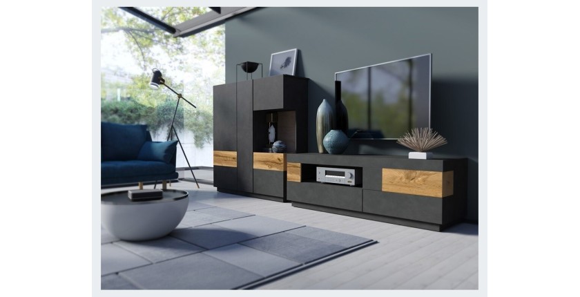 Buffet haut KILES trois portes avec LED. Coloris gris anthracite et chêne. Style design
