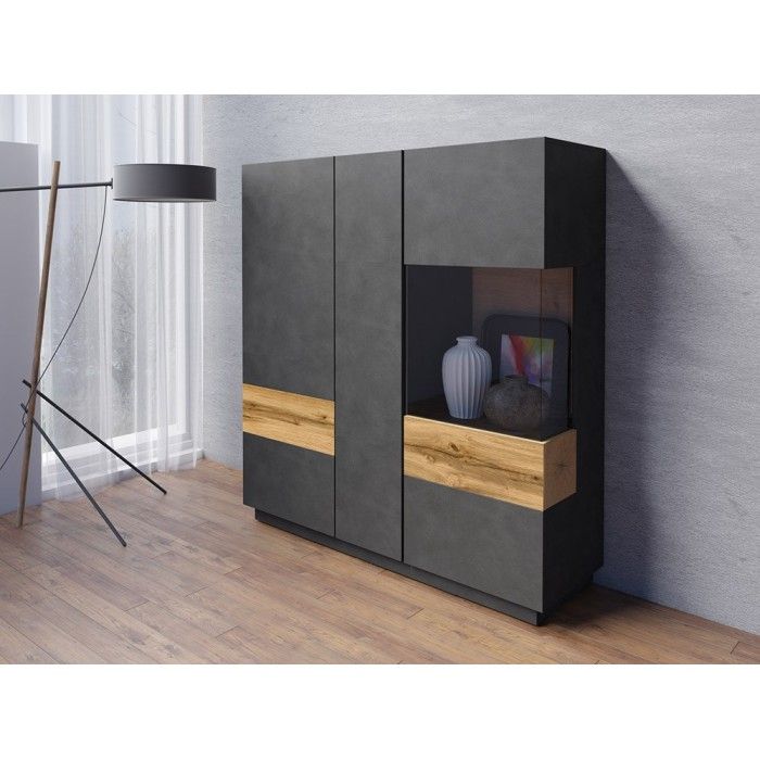 Buffet haut KILES trois portes avec LED. Coloris gris anthracite et chêne. Style design