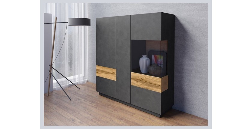 Buffet haut KILES trois portes avec LED. Coloris gris anthracite et chêne. Style design