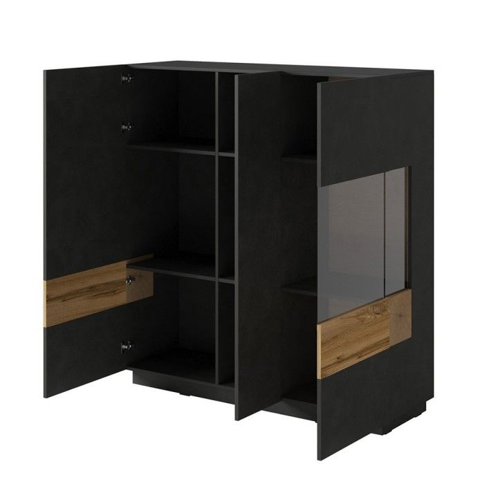 Buffet haut KILES trois portes avec LED. Coloris gris anthracite et chêne. Style design