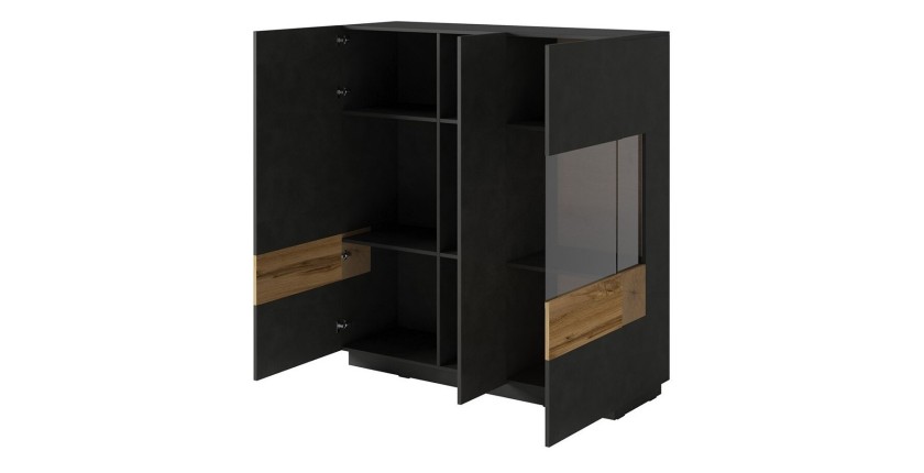 Buffet haut KILES trois portes avec LED. Coloris gris anthracite et chêne. Style design