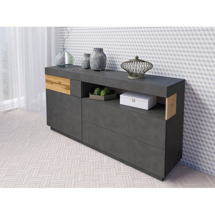 Buffet collection KILES 170cm, LED intégré. Coloris gris anthracite et chêne. Style design