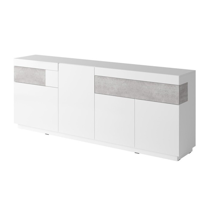 Buffet, bahut, enfilade KILES trois portes, deux tiroirs. Coloris blanc et gris. Style design.