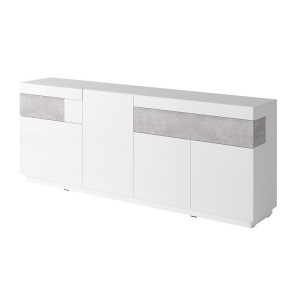 Buffet, bahut, enfilade KILES trois portes, deux tiroirs. Coloris blanc et gris. Style design.