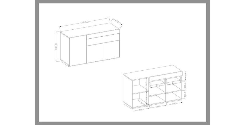 Buffet, bahut, enfilade KILES trois portes et un tiroir. Coloris blanc et gris. Style design