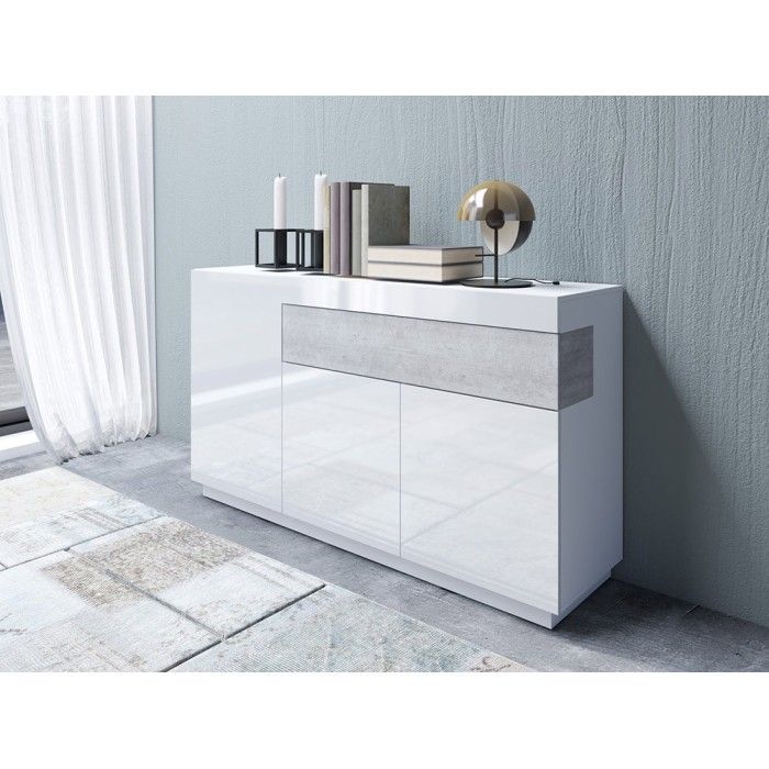 Buffet, bahut, enfilade KILES trois portes et un tiroir. Coloris blanc et gris. Style design