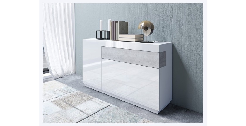 Buffet, bahut, enfilade KILES trois portes et un tiroir. Coloris blanc et gris. Style design