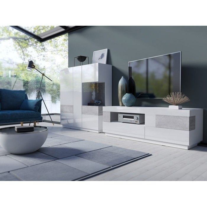 Buffet haut KILES trois portes avec LED. Coloris blanc et gris. Style design
