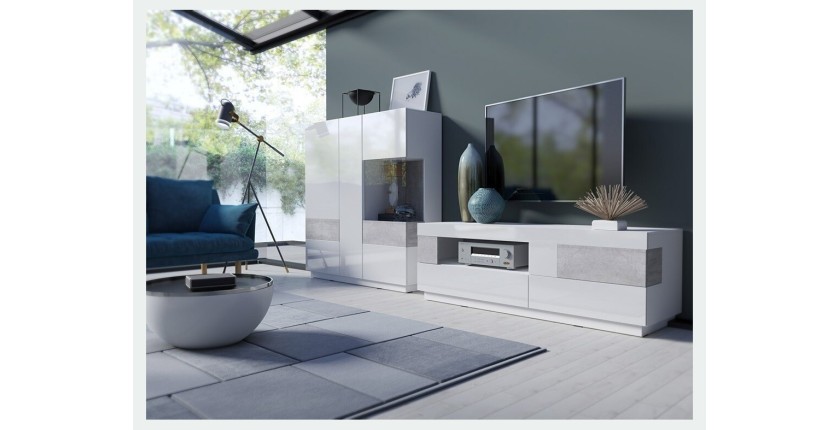 Buffet haut KILES trois portes avec LED. Coloris blanc et gris. Style design