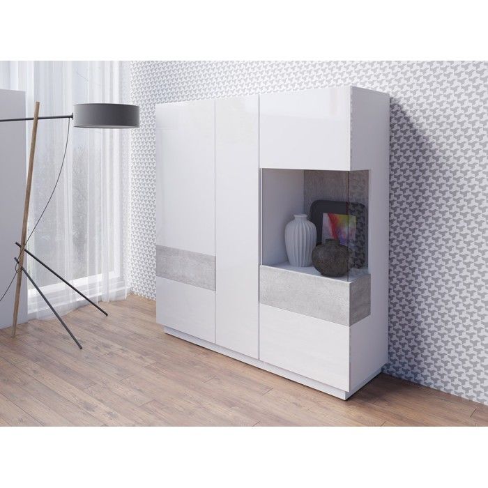 Buffet haut KILES trois portes avec LED. Coloris blanc et gris. Style design