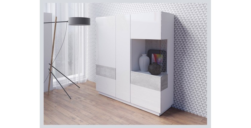 Buffet haut KILES trois portes avec LED. Coloris blanc et gris. Style design