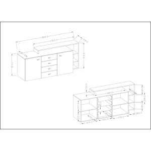 Buffet avec étagère intégrée collection BERGAME 180cm. Coloris Gris et blanc. Style design