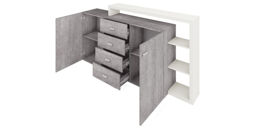 Buffet avec étagère intégrée collection BERGAME 180cm. Coloris Gris et blanc. Style design