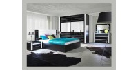 Ensemble design pour chambre à coucher LINA noir. Lit coffre 180x200 + 2 chevets avec LED + commode avec LED