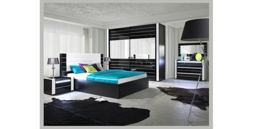 Ensemble design pour chambre à coucher LINA noir. Lit coffre 180x200 + 2 chevets avec LED + commode avec LED