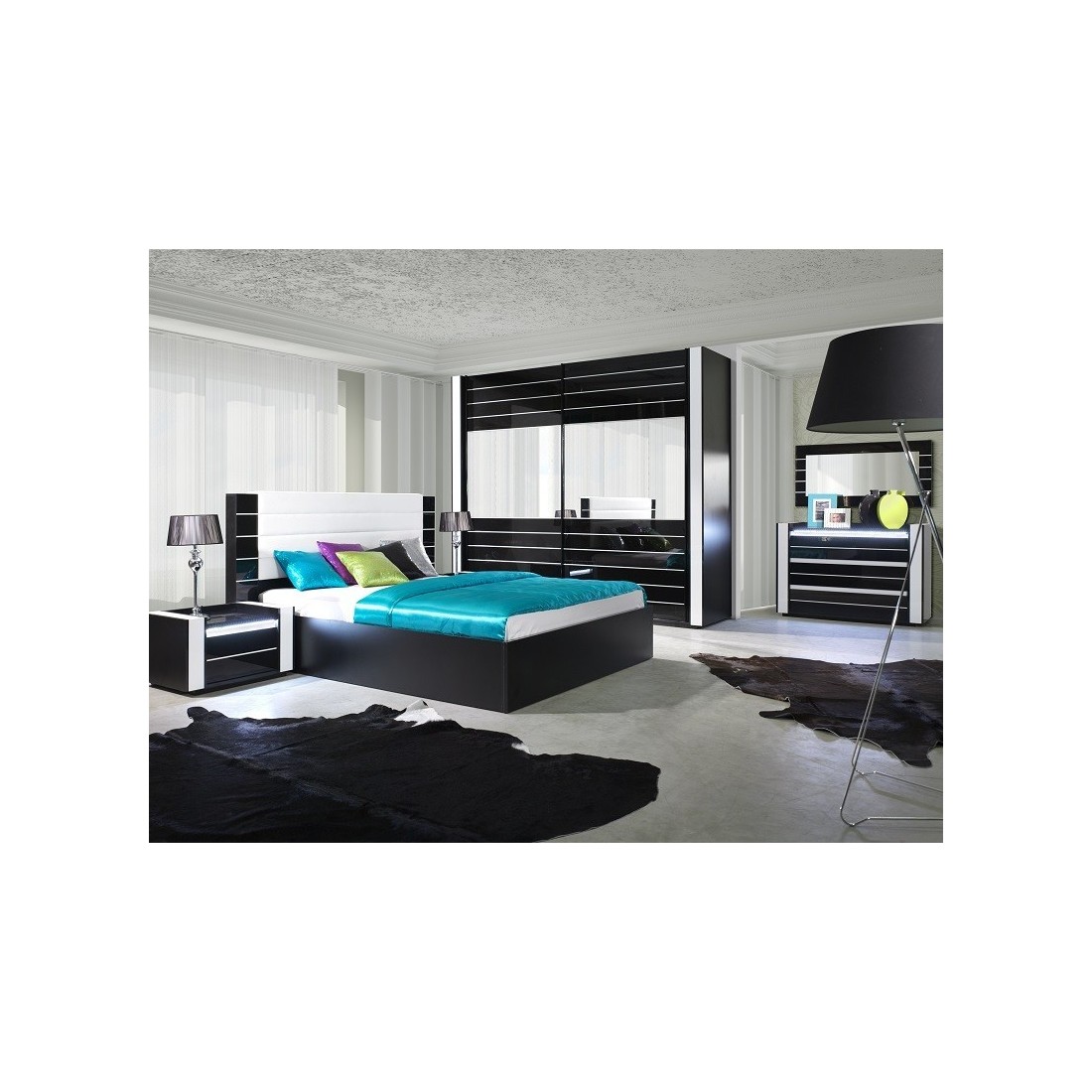 Ensemble design pour chambre à coucher LINA noir. Lit coffre 180x200 + 2 chevets avec LED + commode avec LED