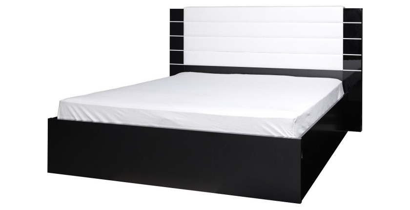 Ensemble design pour chambre à coucher LINA noir. Lit coffre 180x200 + 2 chevets avec LED + commode avec LED